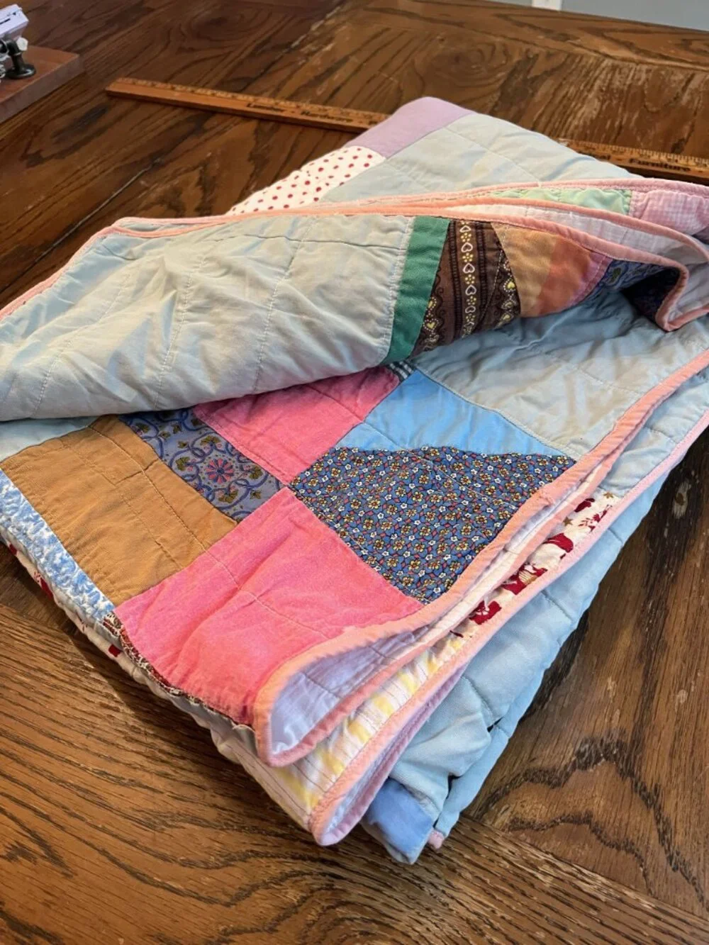 Handmade Vintage Patchwork Quilt With Multi-Color Squares & Pink Trim
